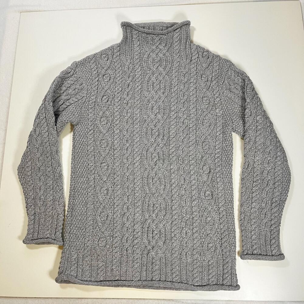 Aran Mor Sweater Womens Large Gray Merino Wool Cable Knit Turtleneck Ireland